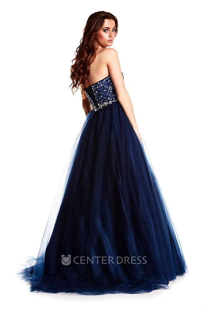 Sweetheart Floor-Length Beaded Tulle Prom Dress With Waist Jewellery And Lace Up