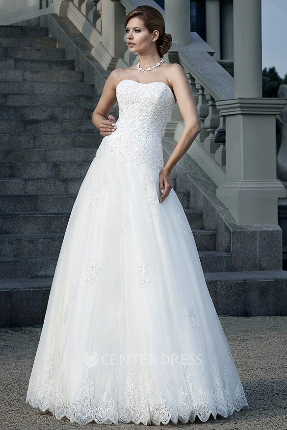 A-Line Appliqued Sleeveless Strapless Floor-Length Lace Wedding Dress