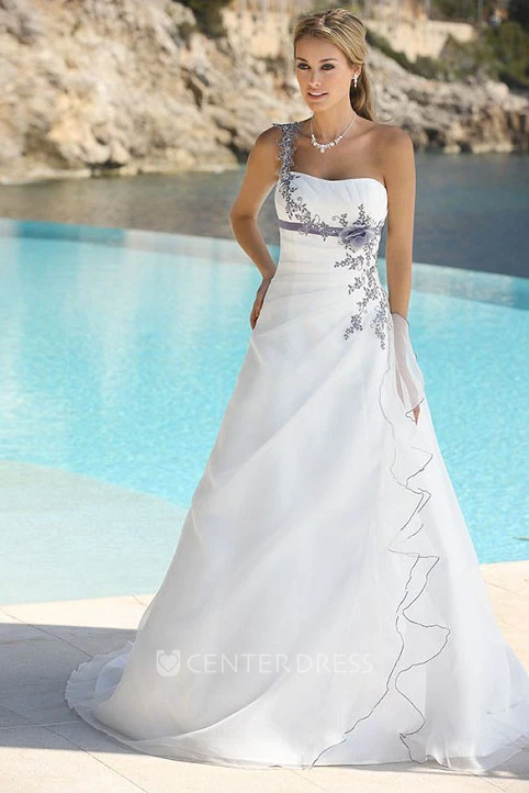 Strapless Floor-Length Appliqued Draped Satin Wedding Dress With Flower And  Cape - UCenter Dress