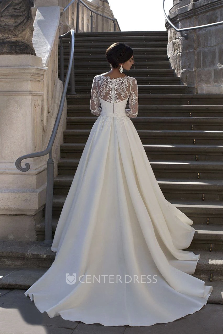 Glamorous V-neck A-line Satin Gown With Lace Back and Long Sleeves