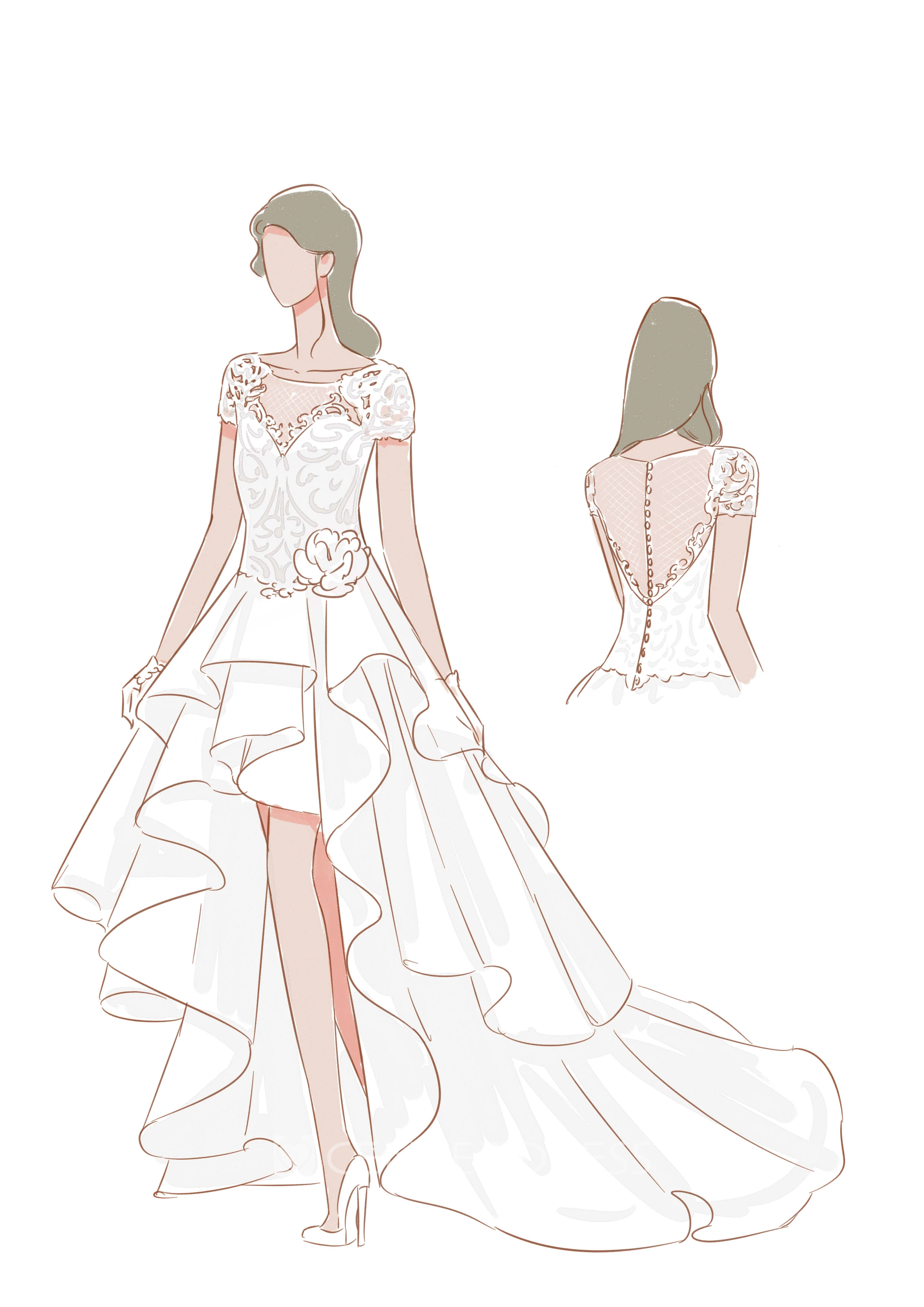 Illusion Jewel-Neck High-Low Bridal Gown With Ruffles And T-Shirt Sleeves