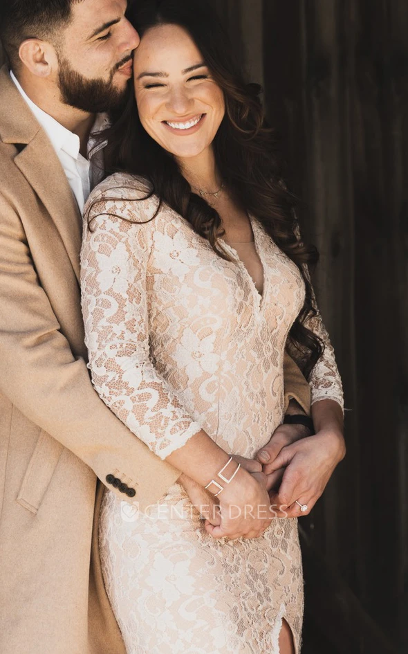 Boho Sheath V-Neck Lace Spring Wedding Dress Sexy 3/4 Length Sleeve Split Front Zipper Back Bridal Gown