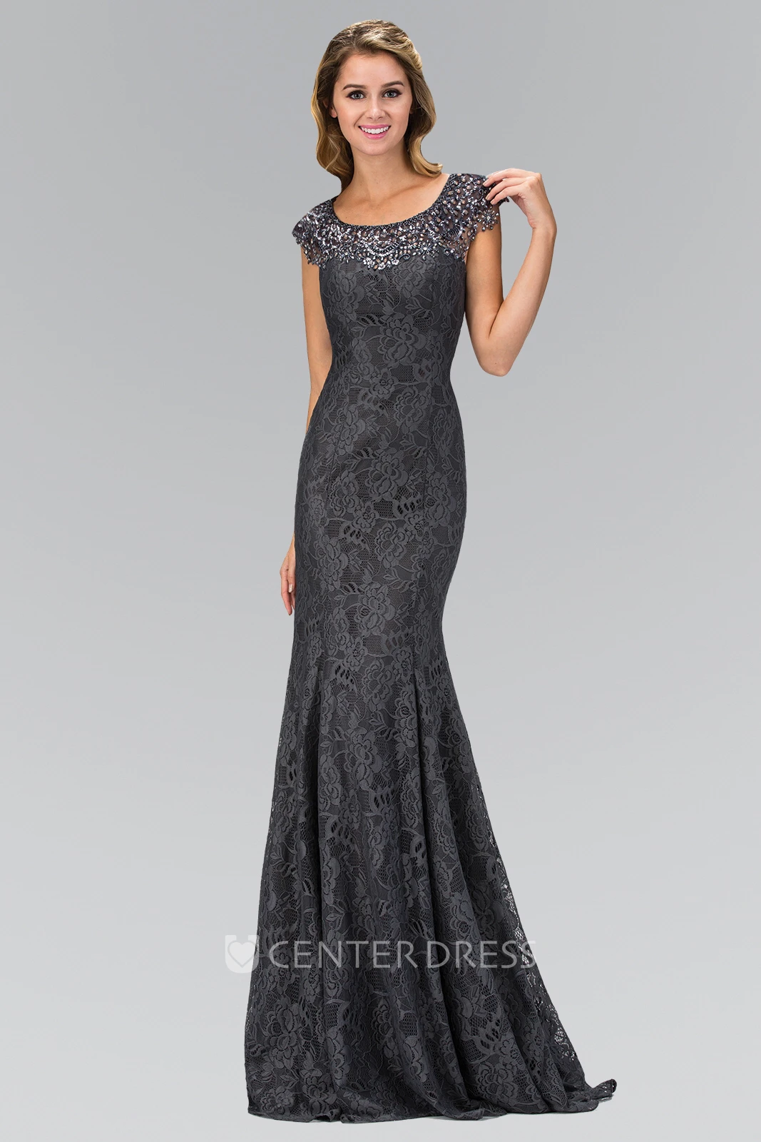 Sheath Long Scoop-Neck Cap-Sleeve Lace Zipper Dress With Bpt