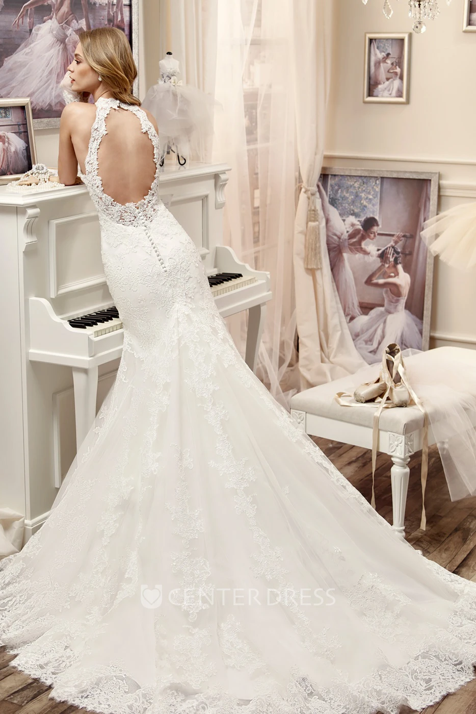 High-Neck Mermaid Lace Wedding Dress With Appliques And Brush Train