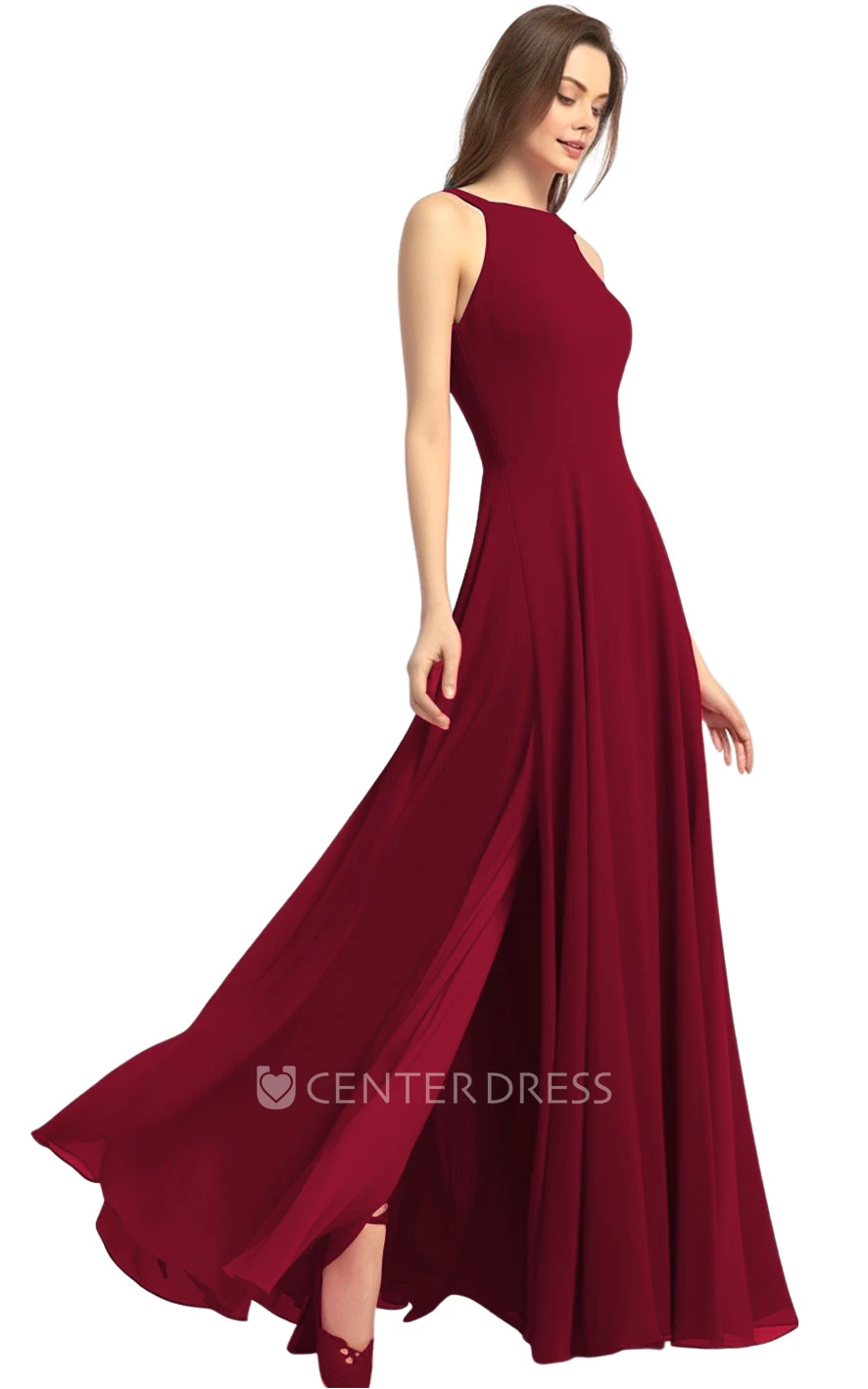 Casual A-Line Chiffon Bridesmaid Dress with Halter Neck and Split Front 2026 Simple