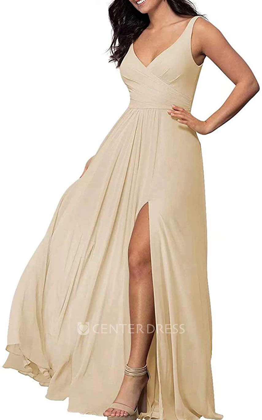 Chiffon Floor-length V-neck A Line Sleeveless Bridesmaid Dress With Criss Split Front