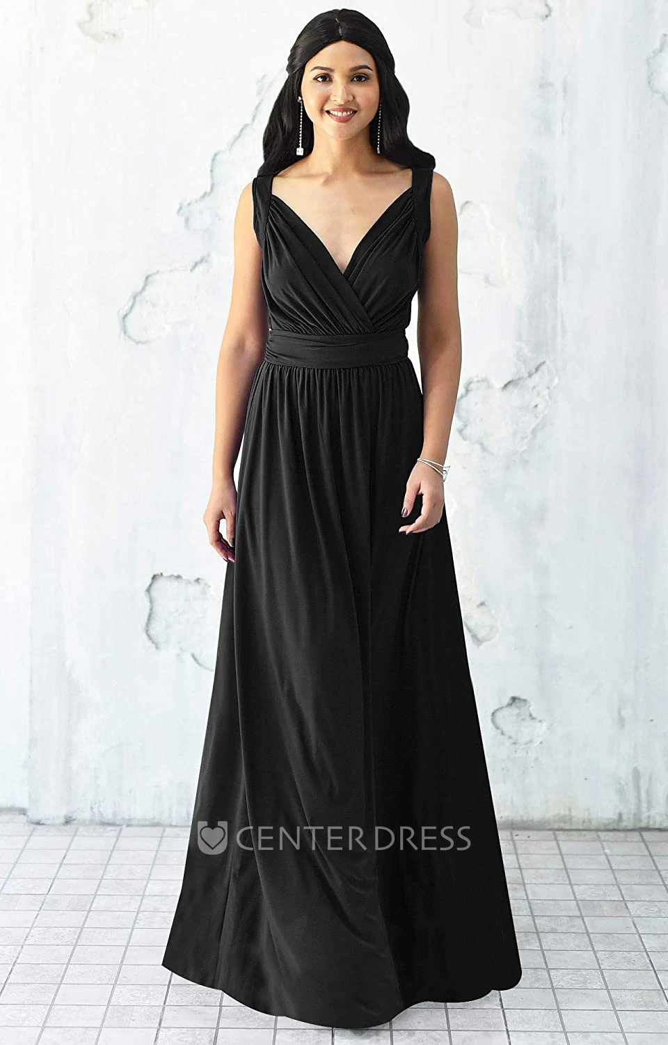 Sexy Chiffon Floor-length V-neck A Line Sleeveless Bridesmaid Dress With Ruching