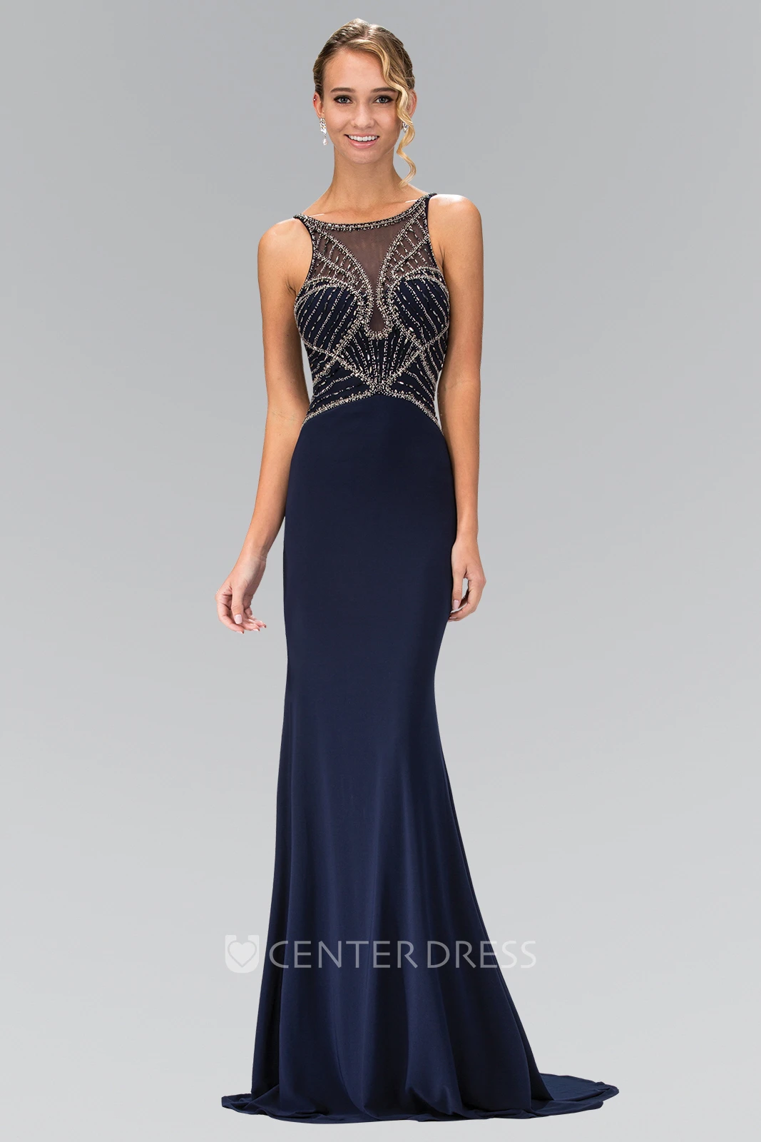 Sheath Scoop-Neck Sleeveless Jersey Low-V Back Dress With Beading