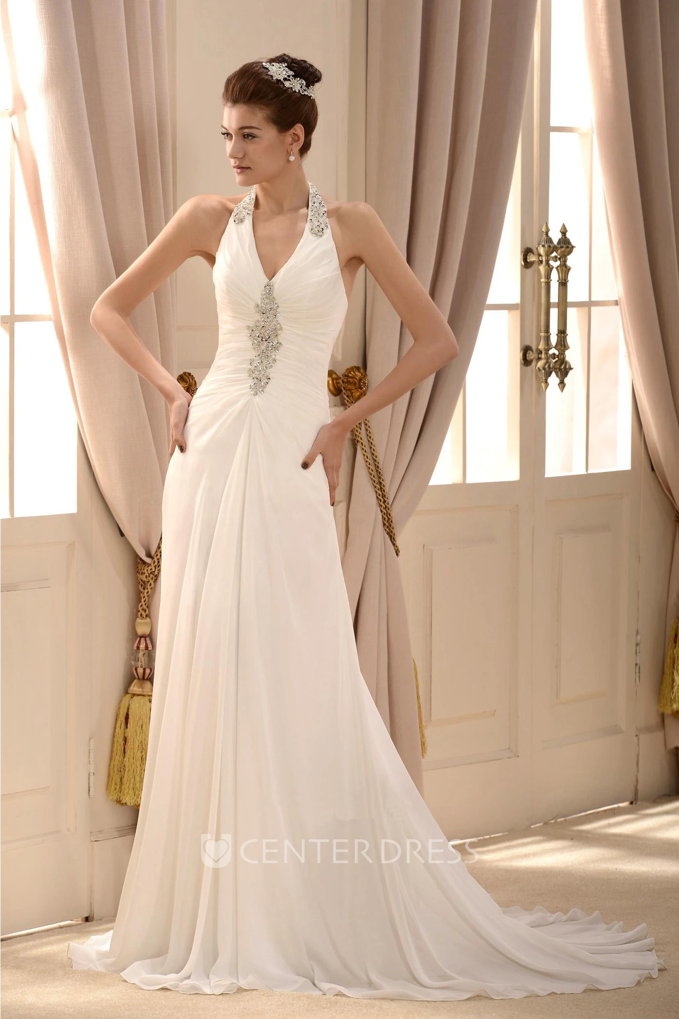 Elegant Chiffon A-line Halter Floor Length Wedding Gown