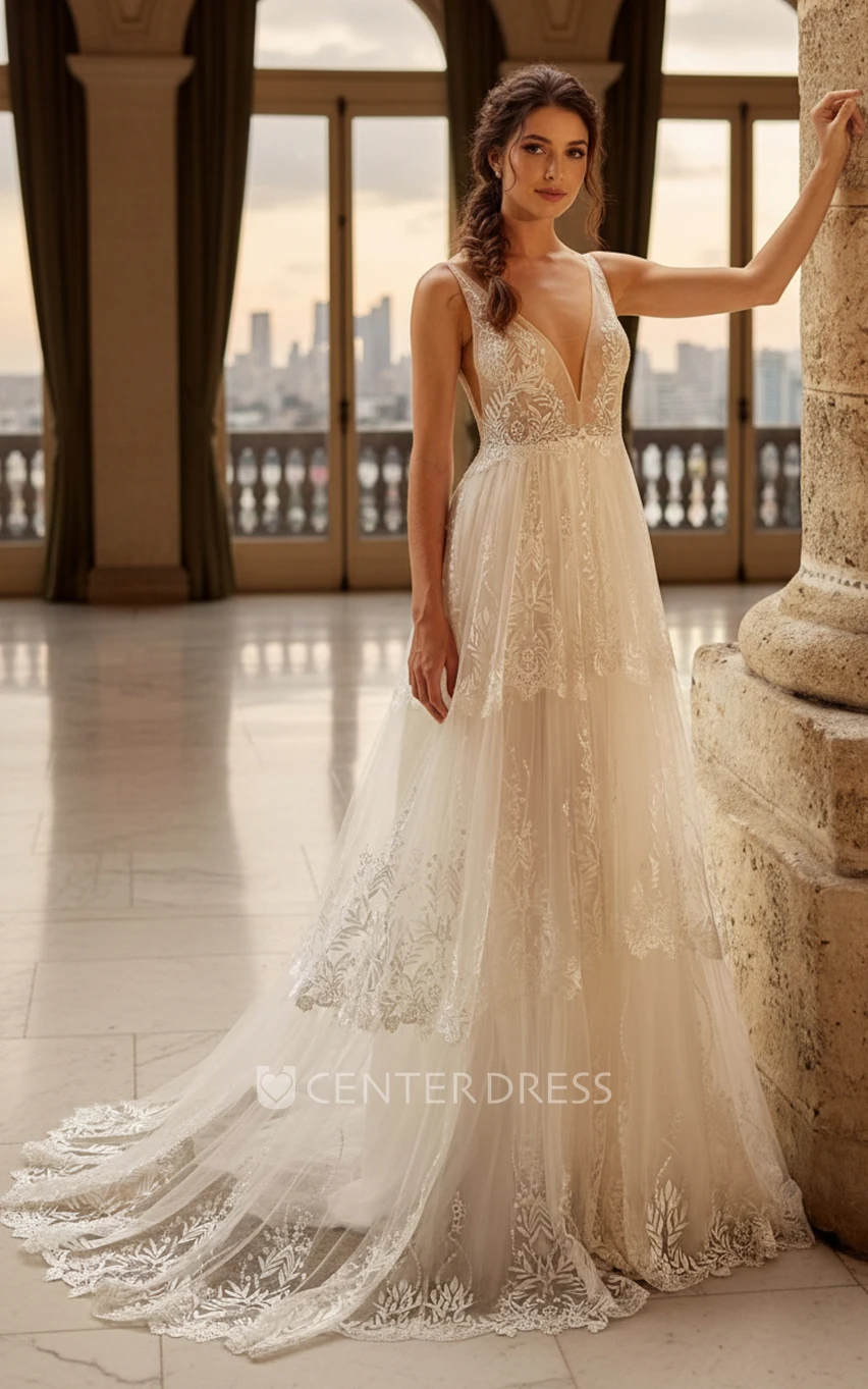 Romantic Boho Lace A-Line Wedding Dress Vintage Beach V-Neck Bridal Train Gown