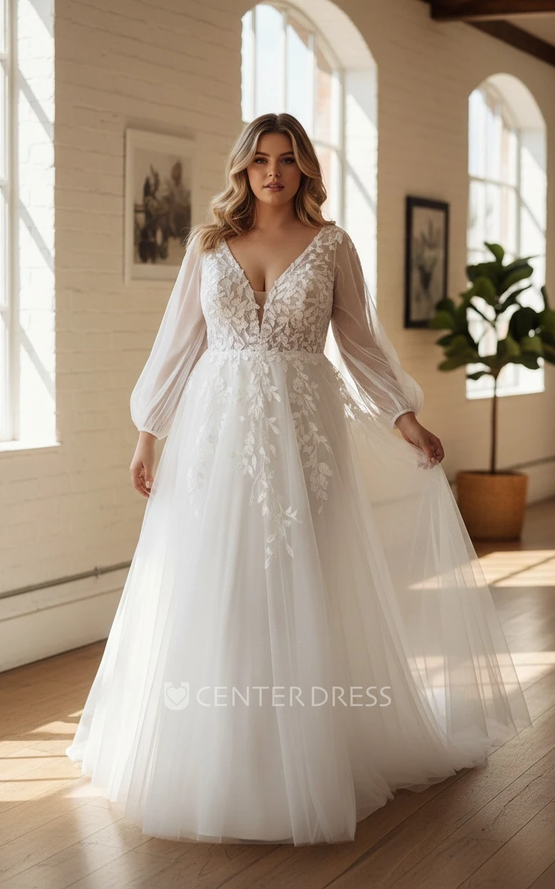 A-Line Plus Size Garden Spring Wedding Dress withIllusion Long Sleeve Sweep Train