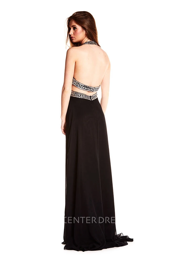 Beaded Sleeveless Halter Chiffon Backless Prom Dress