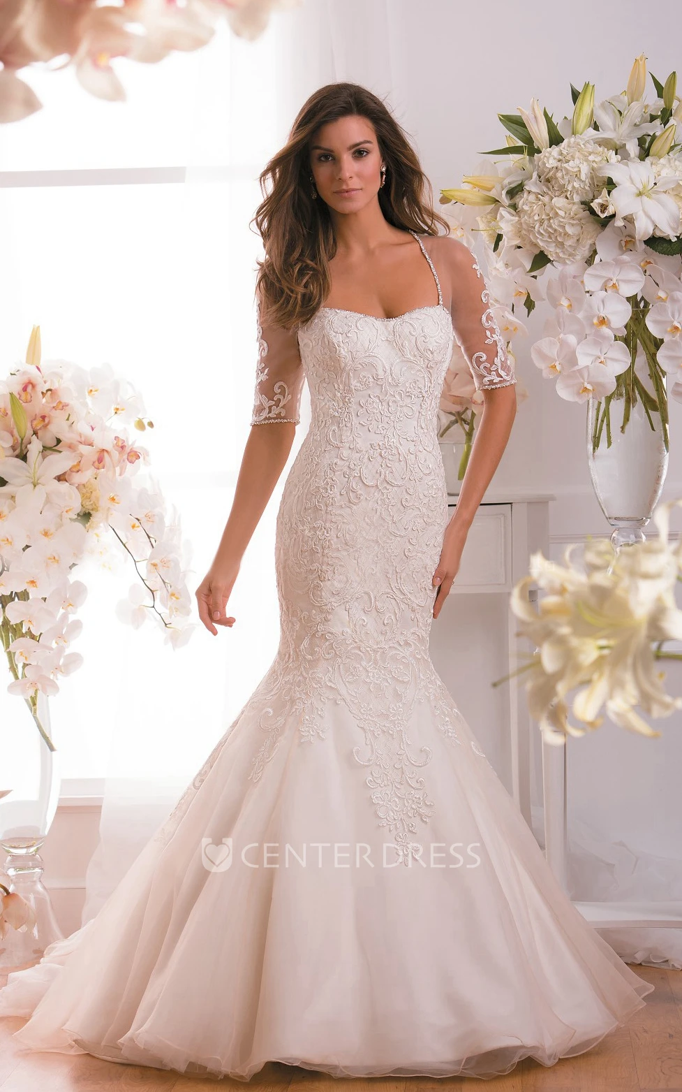 Half-Sleeved Trumpet Gown With Appliques And Illusion Keyhole Back