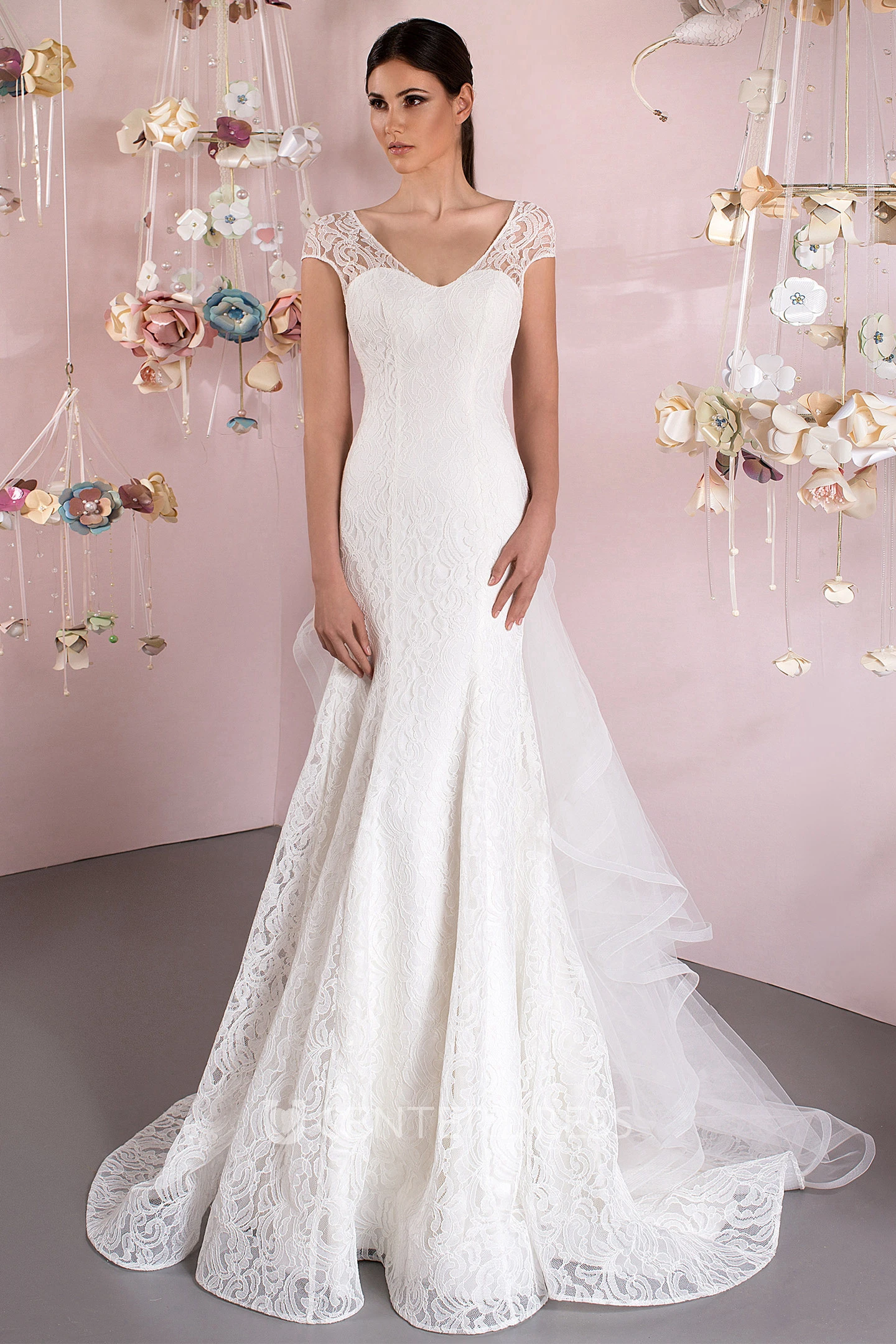Mermaid V-Neck Cap-Sleeve Lace Wedding Dress With Draping