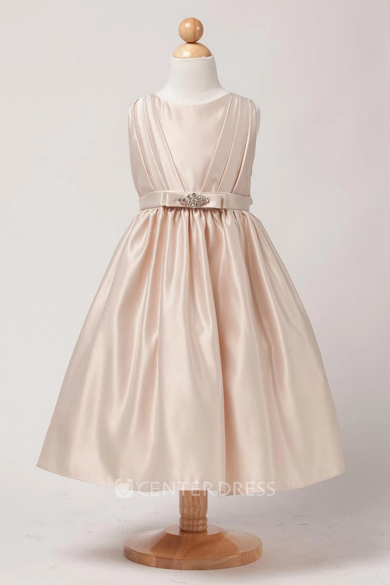Beaded Pleated Satin Flower Girl Dress With Tiers