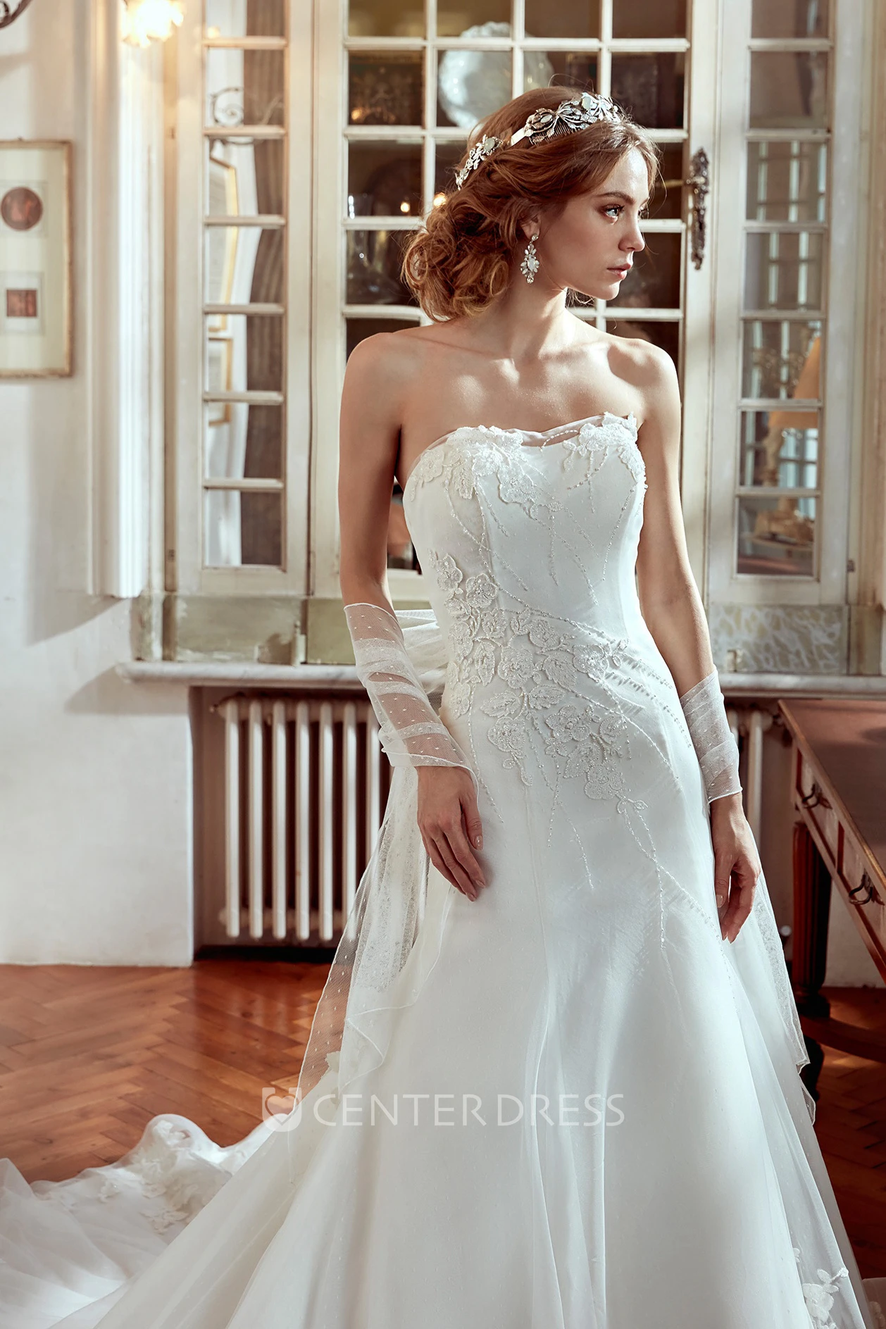 Strapless Wedding Dress With Beaded Appliques and Brush Train  