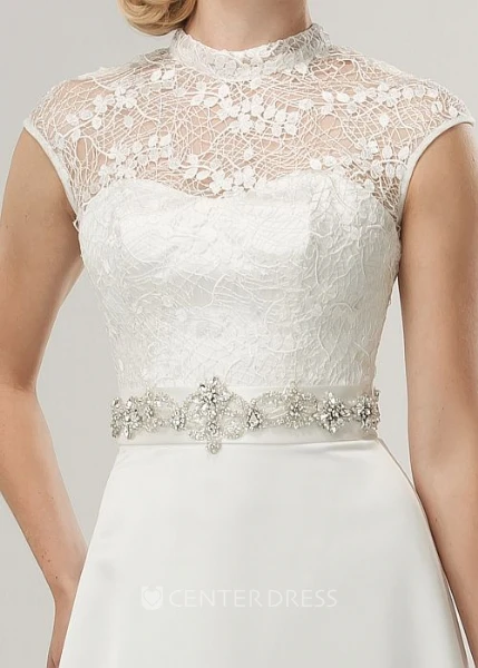 A-Line Jeweled High-Neck Cap-Sleeve Floor-Length Satin&Lace Wedding Dress With Bow