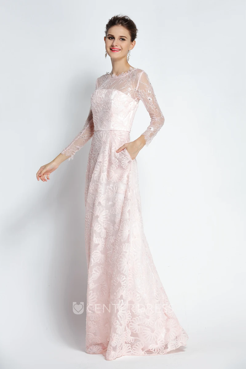 Floor-length Long Sleeve A-Line Bateau Scalloped Lace Prom Dress with Beading and Pockets
