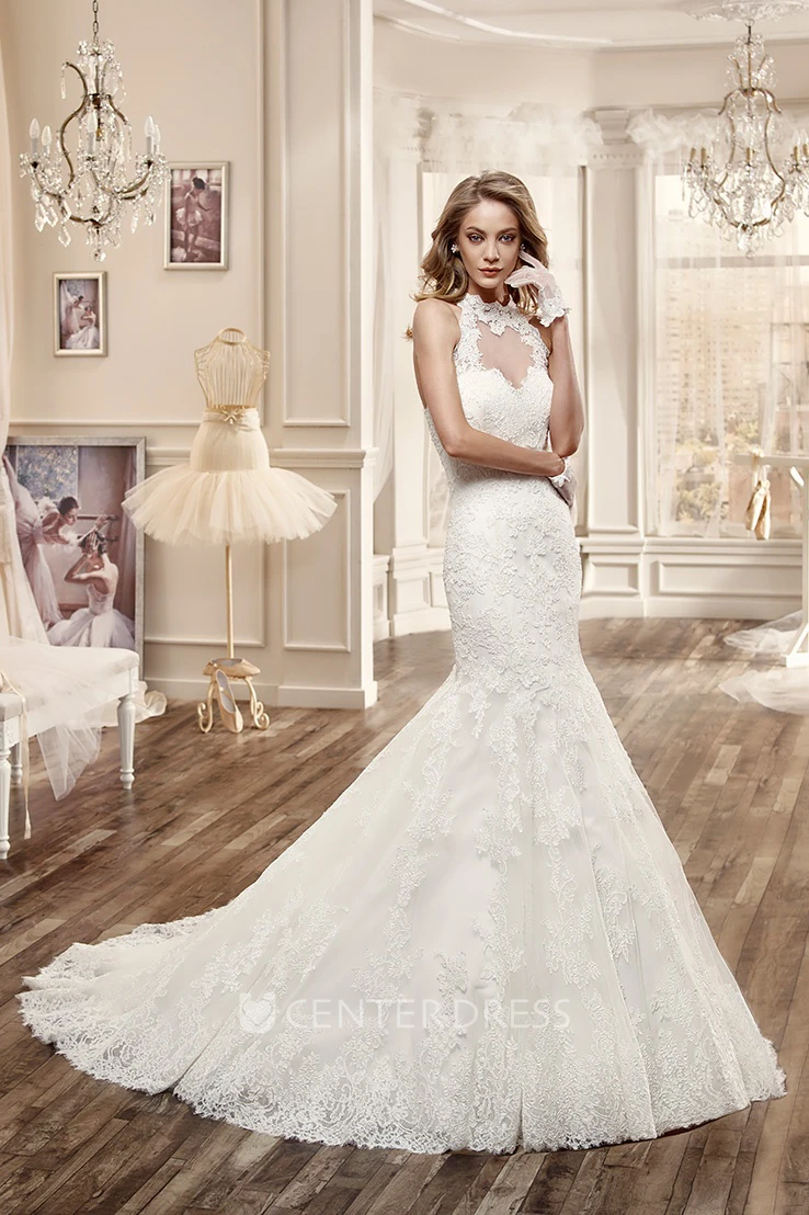 High-Neck Mermaid Lace Wedding Dress With Appliques And Brush Train