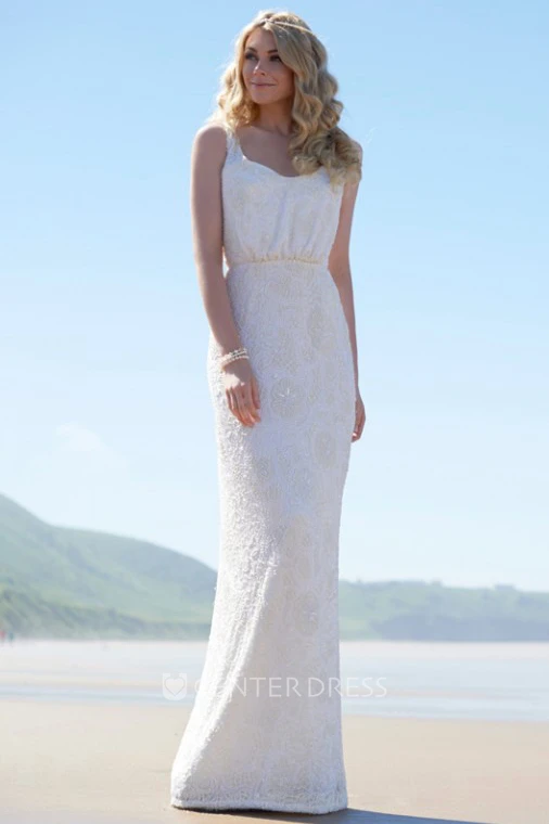 Floor-Length Square Lace Spring Wedding Dress With V Back