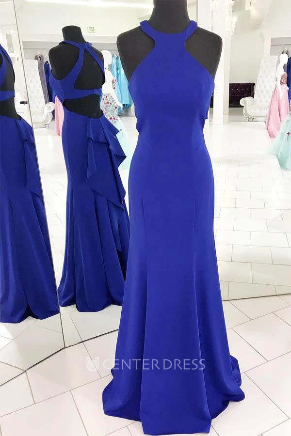 Sleeveless Floor-length Mermaid Trumpet Sheath Halter Satin Dress