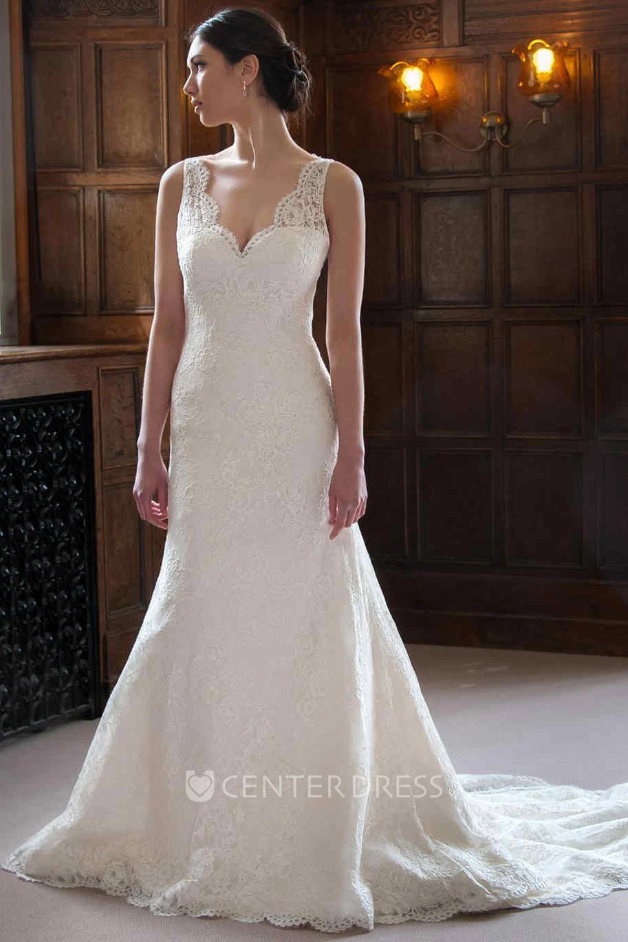 A-Line Appliqued Floor-Length V-Neck Sleeveless Lace Wedding Dress