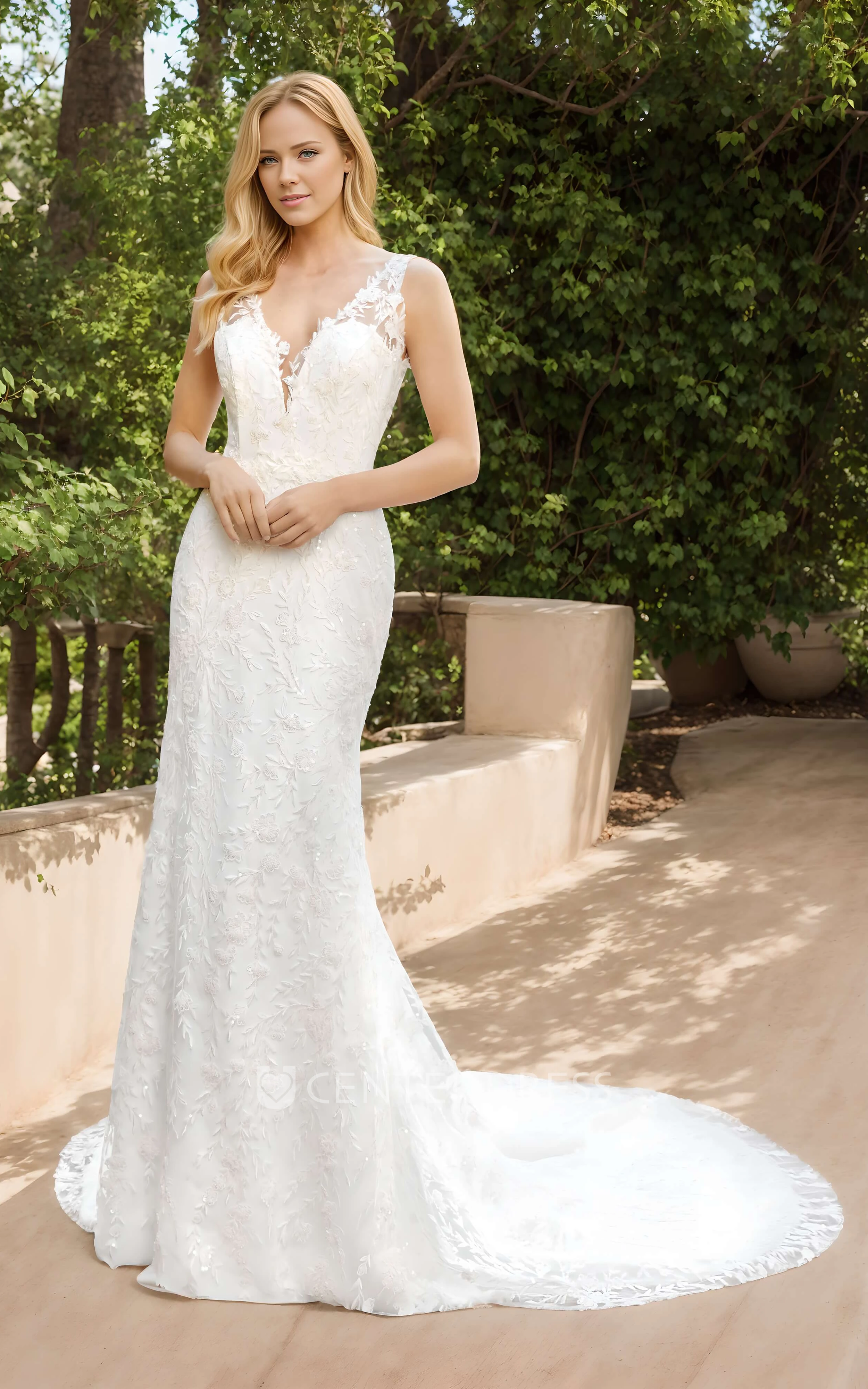 Romantic Floral Mermaid Boho Lace Fit and Flare Dress for Wedding Modern Beach Trumpet Sleeveless Bridal Gown