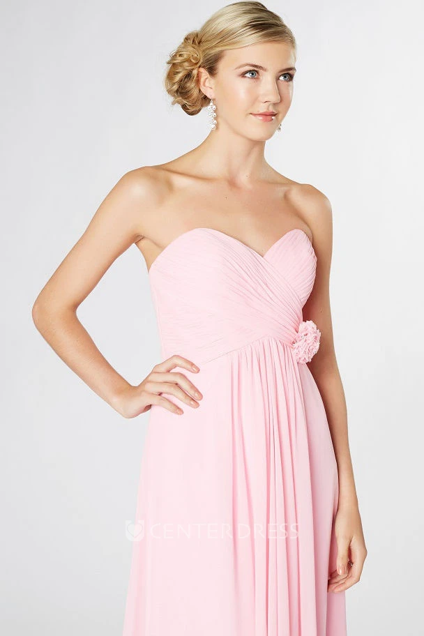 Long Sweetheart Empire Criss-Cross Chiffon Bridesmaid Dress With Flower And Corset Back
