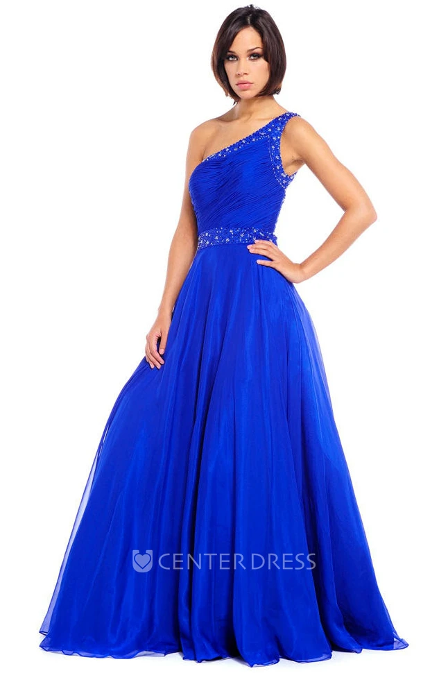 One-Shoulder Maxi Ruched Chiffon Prom Dress With Beading And Straps