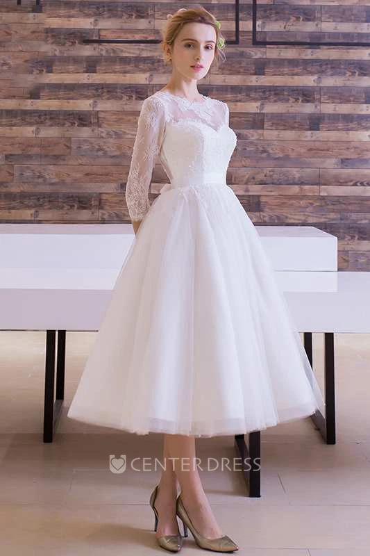 Long Sleeve Jewel Neck Pleated Tea Length Lace Dress