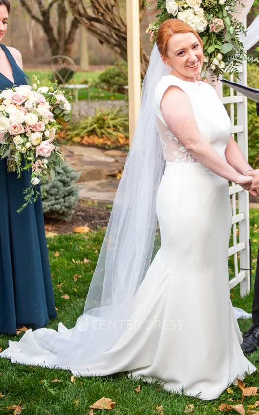 Casual Mermaid Illusion Back Style Solid Jewel Neckline Garden Wedding Dress with Sweep Train