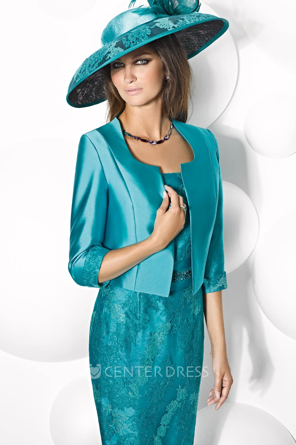 Knee-Length Square Neck Cap Sleeve Appliqued Satin Mother Of The Bride Dress