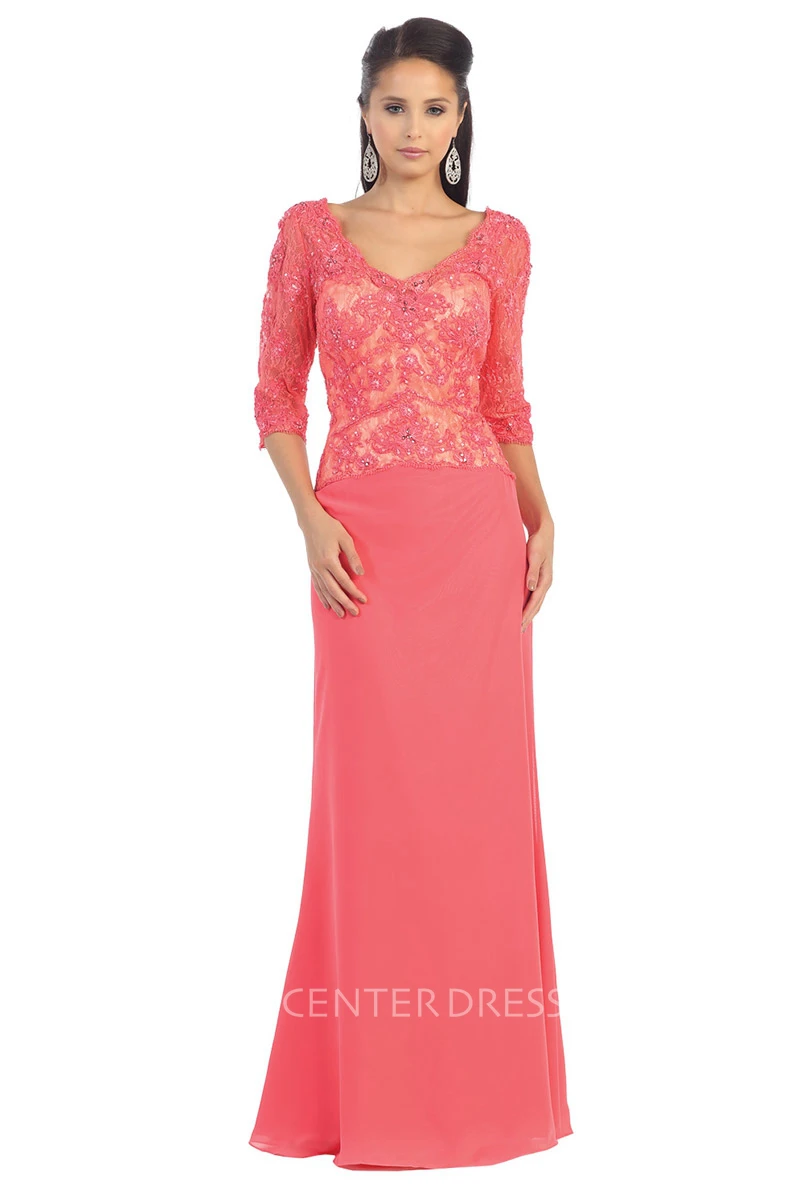 Sheath V-Neck Half Sleeve Lace Jersey Low-V Back Dress With Appliques