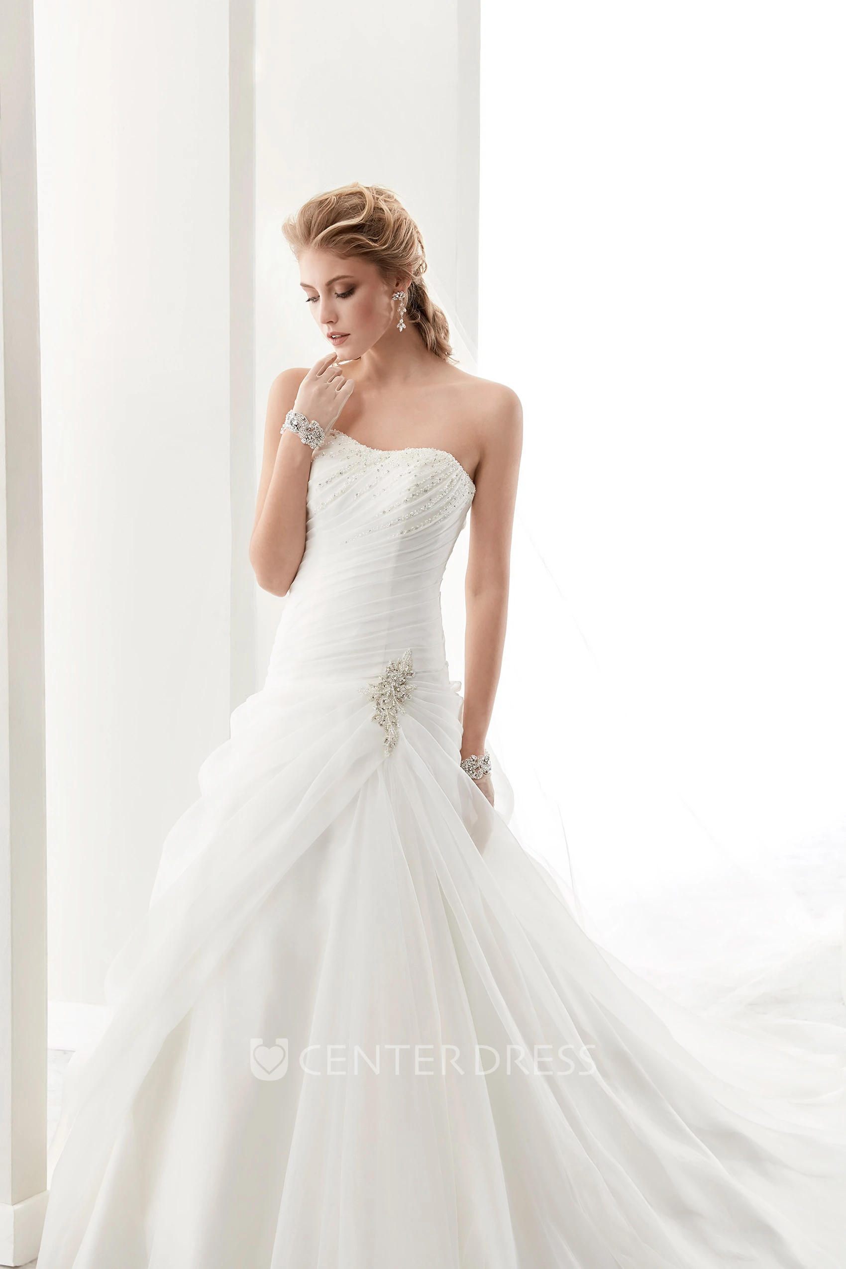 Strapless Pleated Wedding Dress with Side Ruffles and Brush Train 