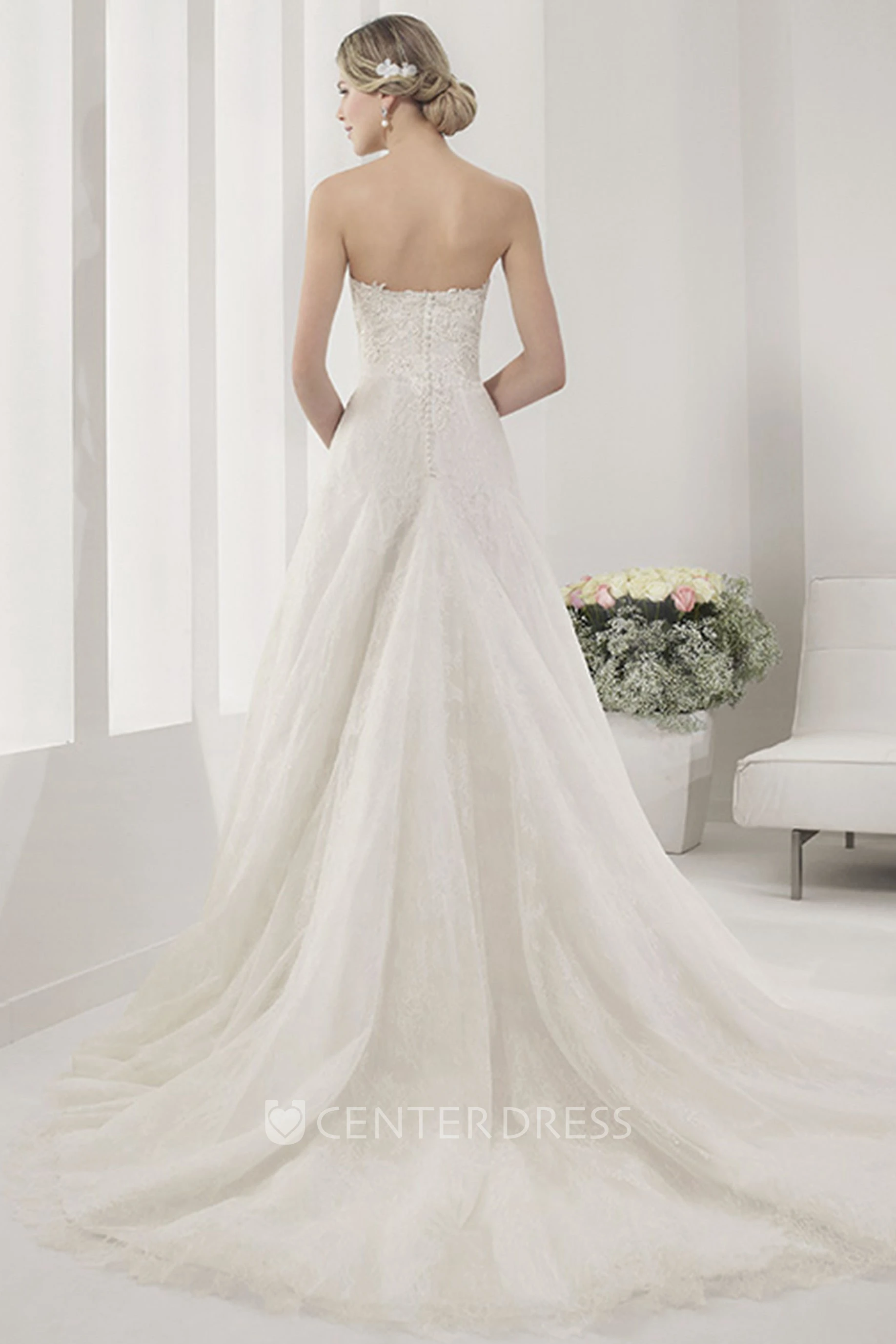 Sweetheart A-Line Pleated Lace Gown With Applique Details