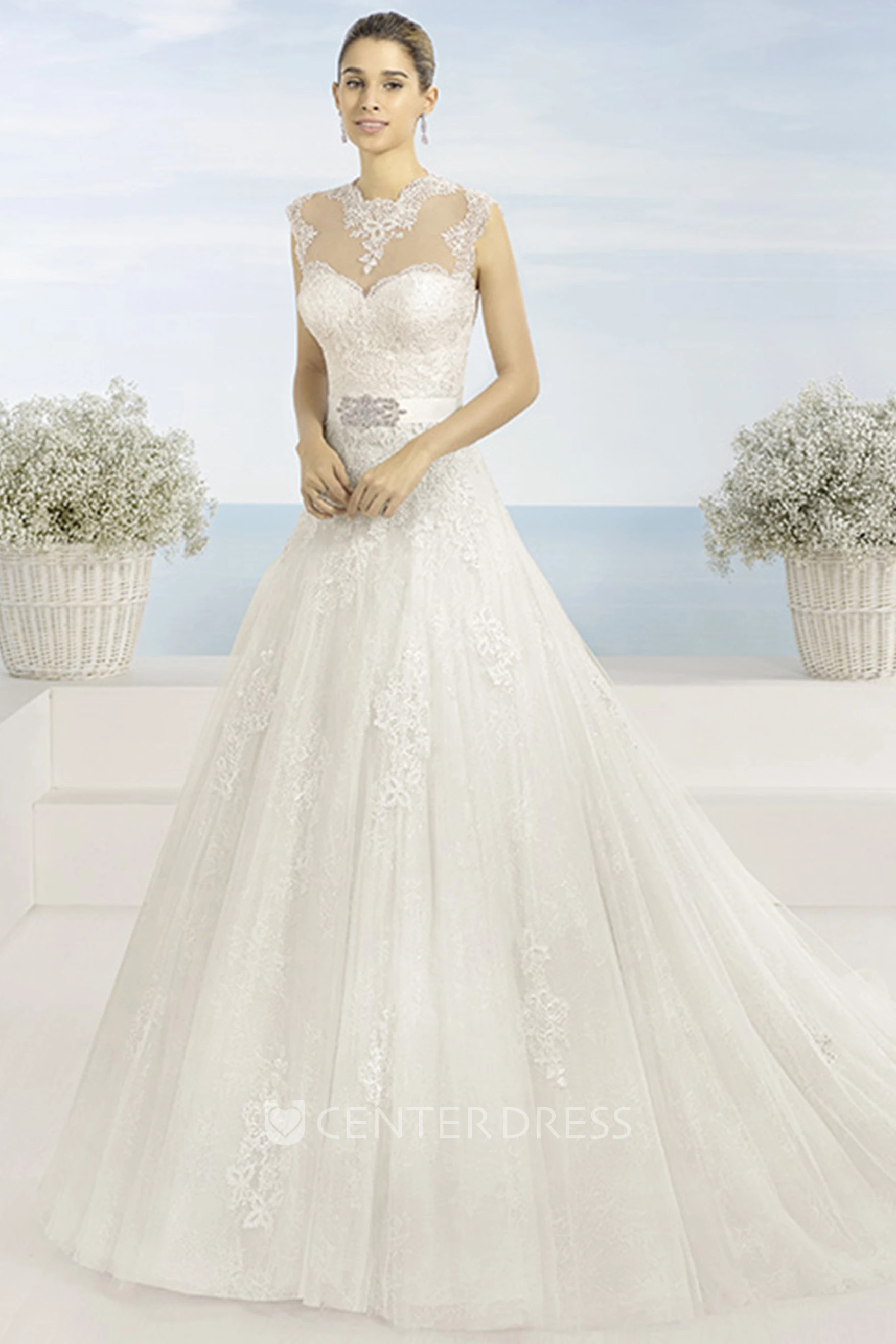 Ball-Gown High Neck Long Sleeveless Appliqued Lace&Tulle Wedding Dress With Waist Jewellery And Illusion Back