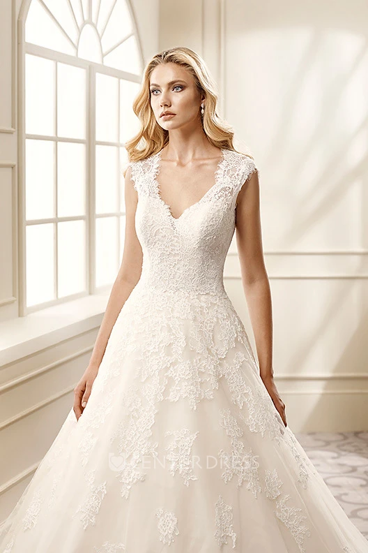 Ball Gown V-Neck Long Appliqued Cap-Sleeve Lace&Satin Wedding Dress