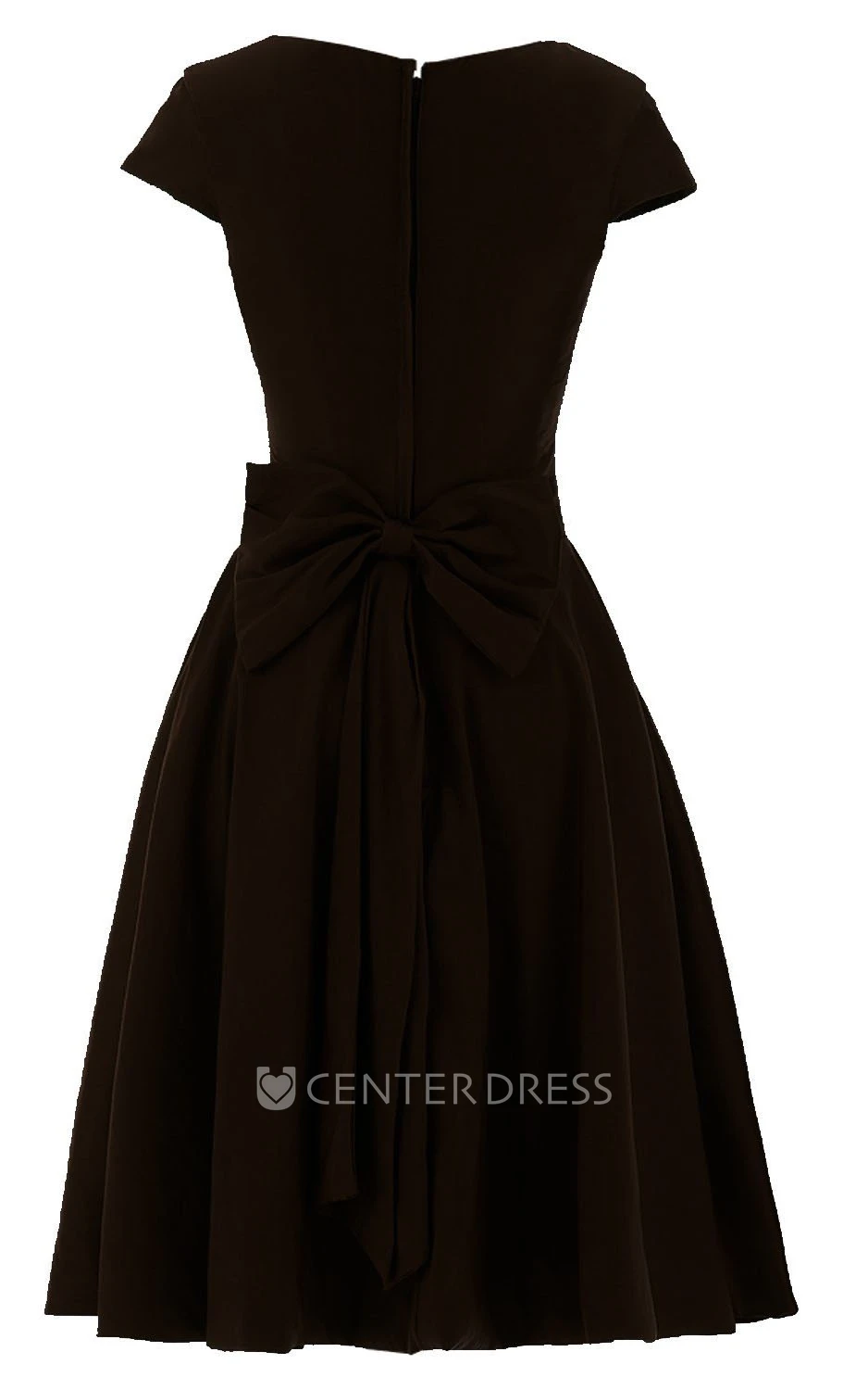Short Sleeve Knee-length Pleated Chiffon Dress With Bowknot