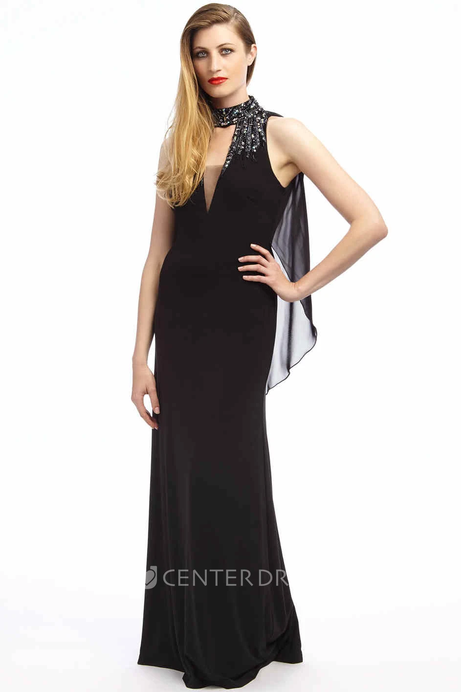 Sheath High-Neck Beaded Sleeveless Floor-Length Chiffon Prom Dress With Draping