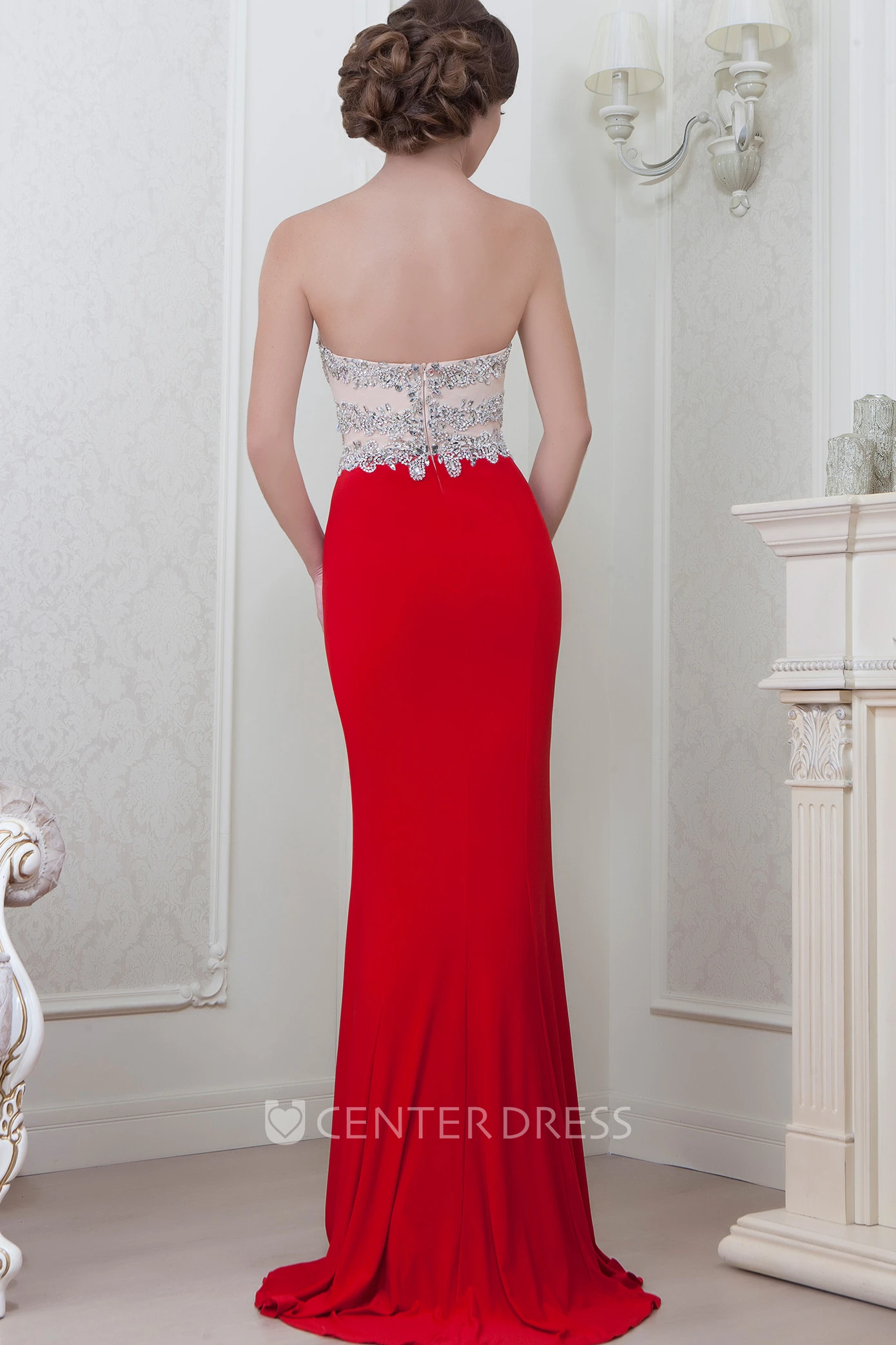 Sheath Long Sweetheart Crystal Sleeveless Jersey Evening Dress