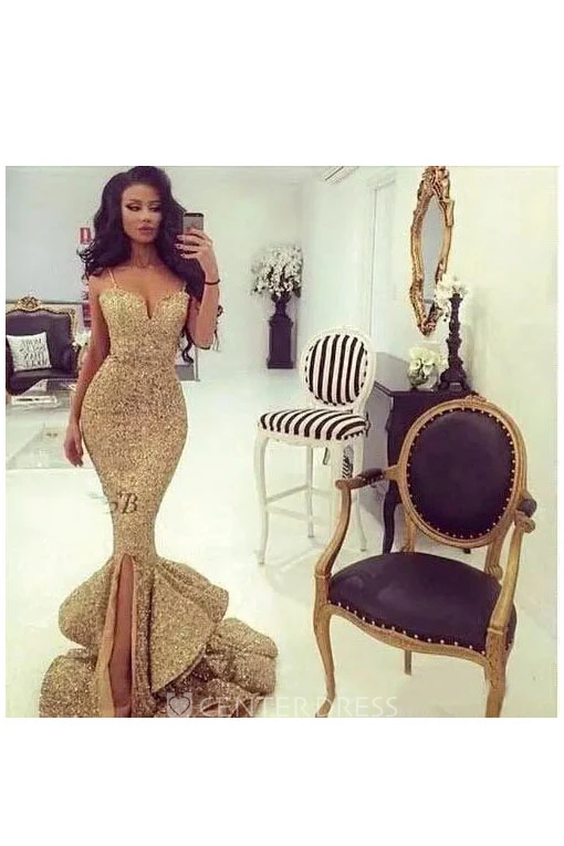 Sexy Floor-length Sleeveless Straps Neck Sweetheart Mermaid Trumpet Sequins Beading Sequins Evening Dress