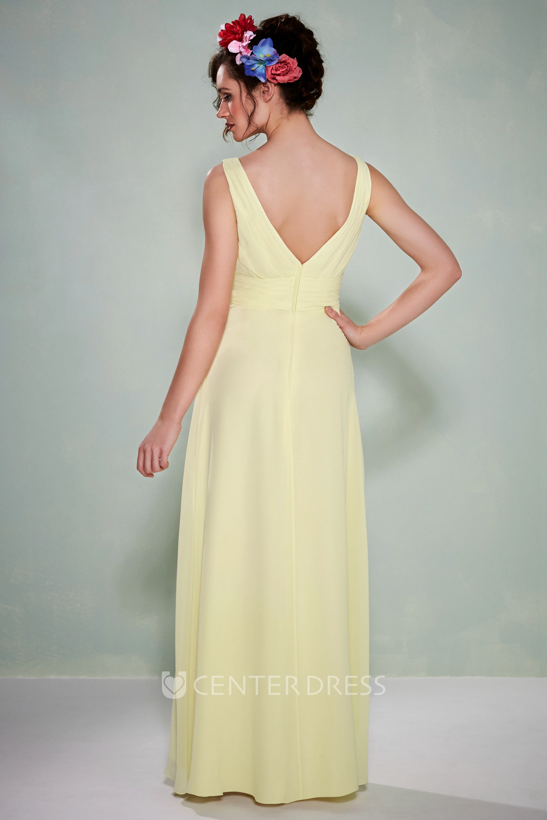 Maxi Ruched Sleeveless V-Neck Chiffon Bridesmaid Dress
