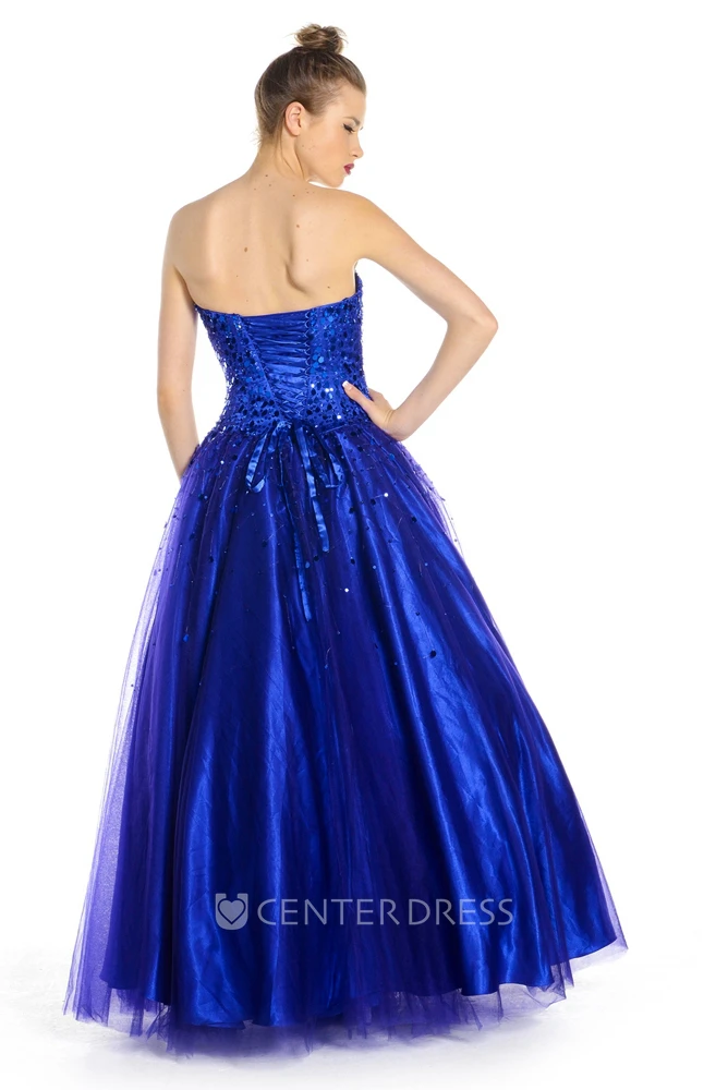 A-Line Sleeveless Long Sequined Strapless Tulle Prom Dress With Corset Back And Bow