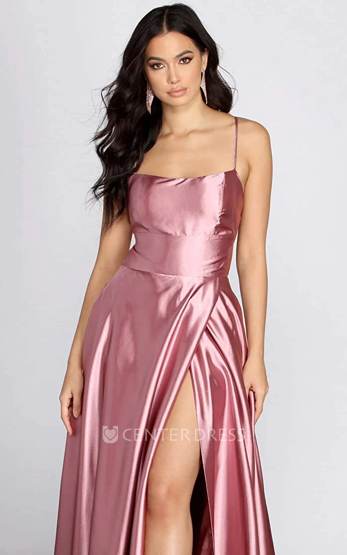 Simple Mermaid Satin Cowl Sleeveless Guest Dress With Pockets and Split Front