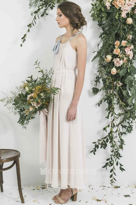 Ankle-Length Sleeveless Strapped Ribboned Chiffon Bridesmaid Dress