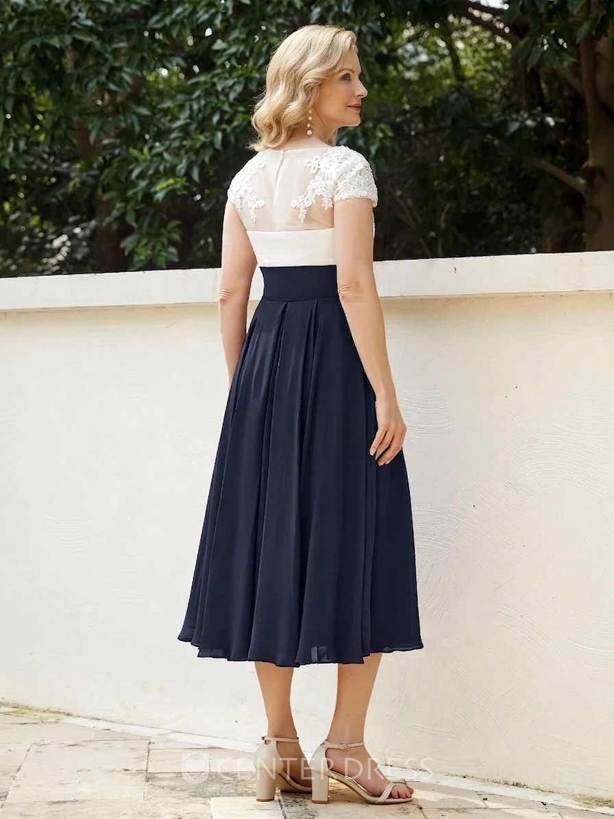 Lace Appliques Chiffon A-Line V-neck Petite Tea-length Sexy Elegant Short Cap Sleeve Mother of the Bride Guest Dress