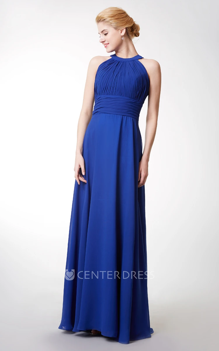 Halter Ruched Long Bridesmaid Dress With Key-hole Back