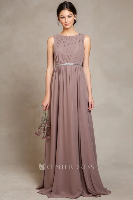 Scoop Long Ruched Chiffon Bridesmaid Dress With Sweep Train And Keyhole