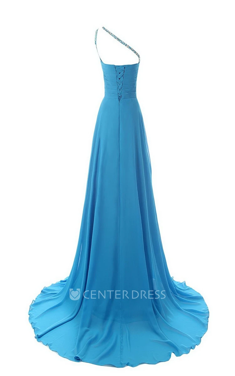 Beaded Brush Train Ruffled One-Shoulder Gown