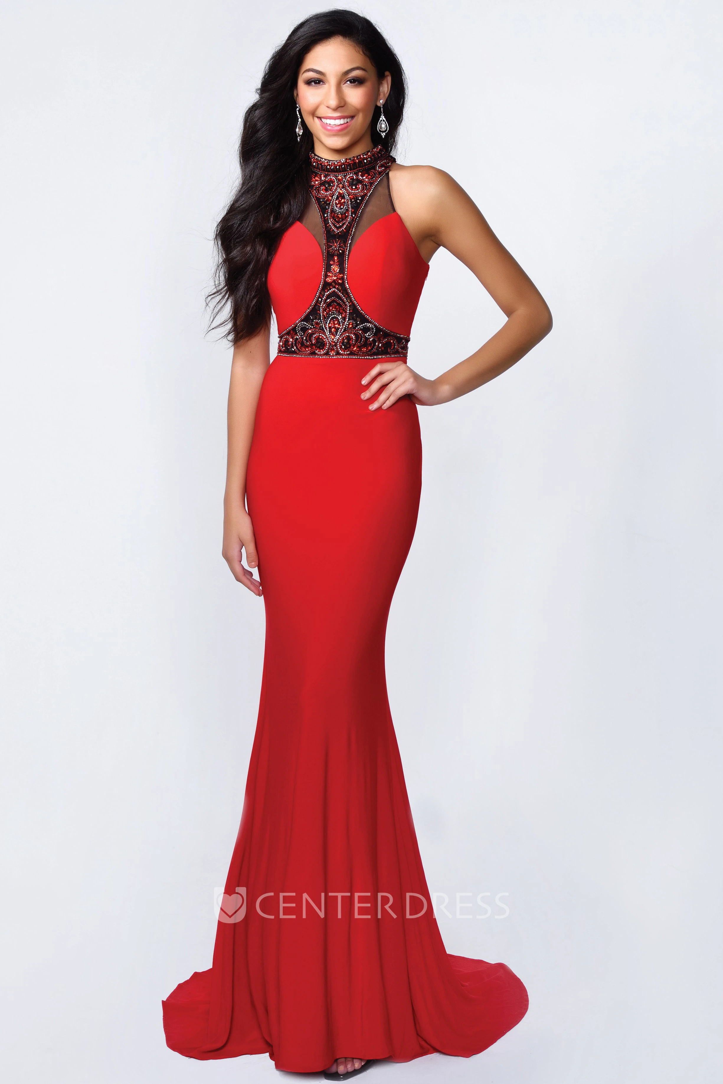 Sheath High Neck Sleeveless Jersey Illusion Dress With Beading And Pleats